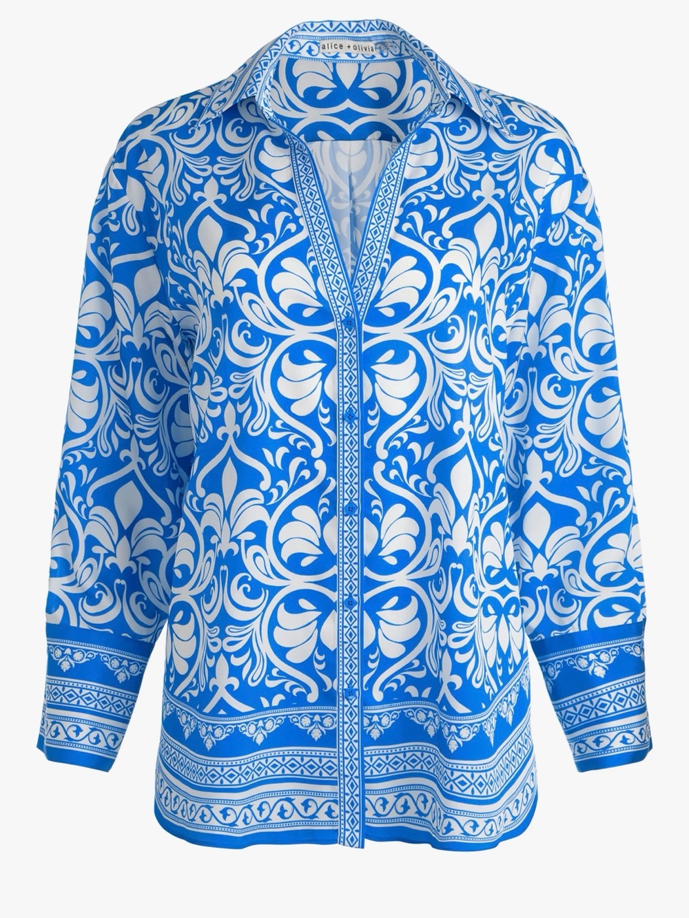 Alice + Olivia Blue and White Printed Button-Front Blouse